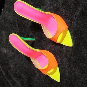 Women Color Block Stiletto Heeled Mule Sandals, Pink, Orange, Yellow and Green